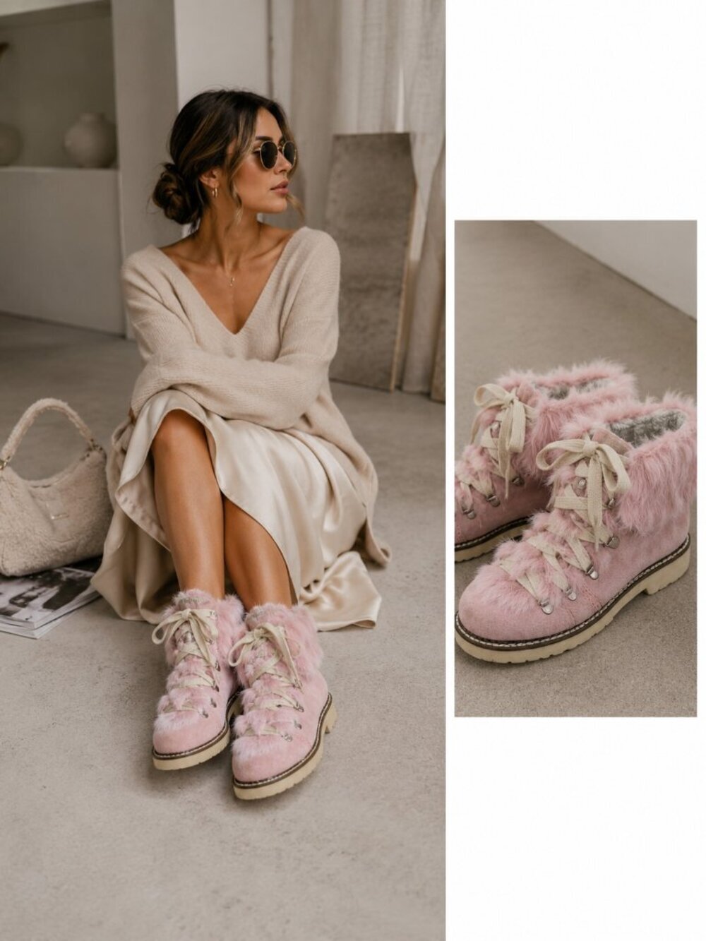Elena Solano Pink Rabbit Fur Suede Winter Hiking Boots US 7.5 Made In Italy